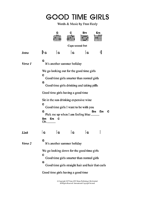 Download Travis Good Time Girls Sheet Music and learn how to play Lyrics & Chords PDF digital score in minutes