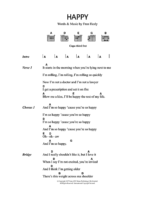 Download Travis Happy Sheet Music and learn how to play Lyrics & Chords PDF digital score in minutes