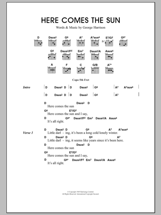 Download Travis Here Comes The Sun Sheet Music and learn how to play Guitar Chords/Lyrics PDF digital score in minutes