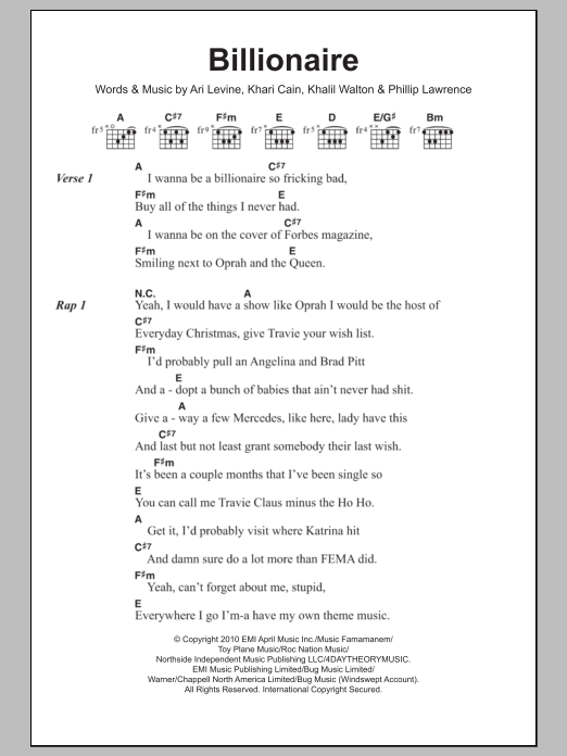 Download Travie McCoy Billionaire (feat. Bruno Mars) Sheet Music and learn how to play Lyrics & Chords PDF digital score in minutes