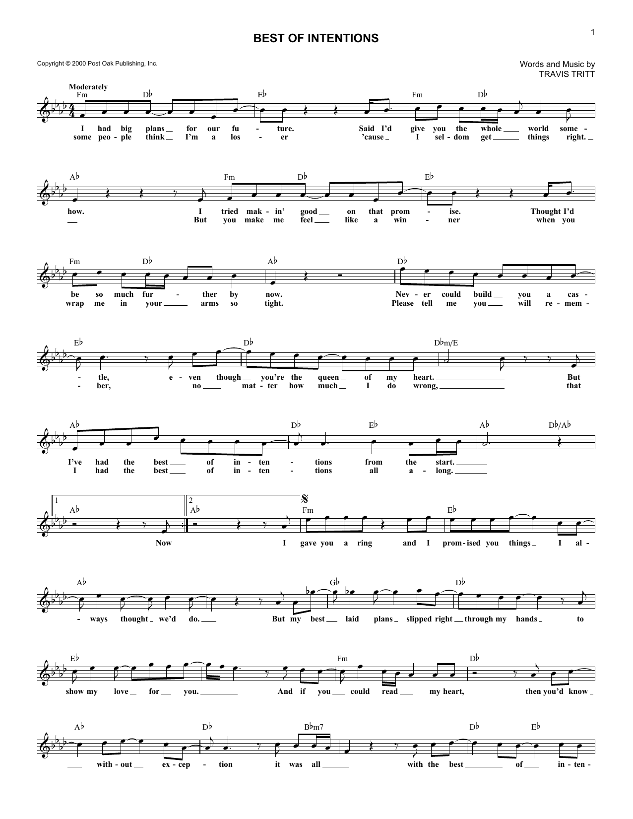 Download Travis Tritt Best Of Intentions Sheet Music and learn how to play Piano, Vocal & Guitar Chords (Right-Hand Melody) PDF digital score in minutes