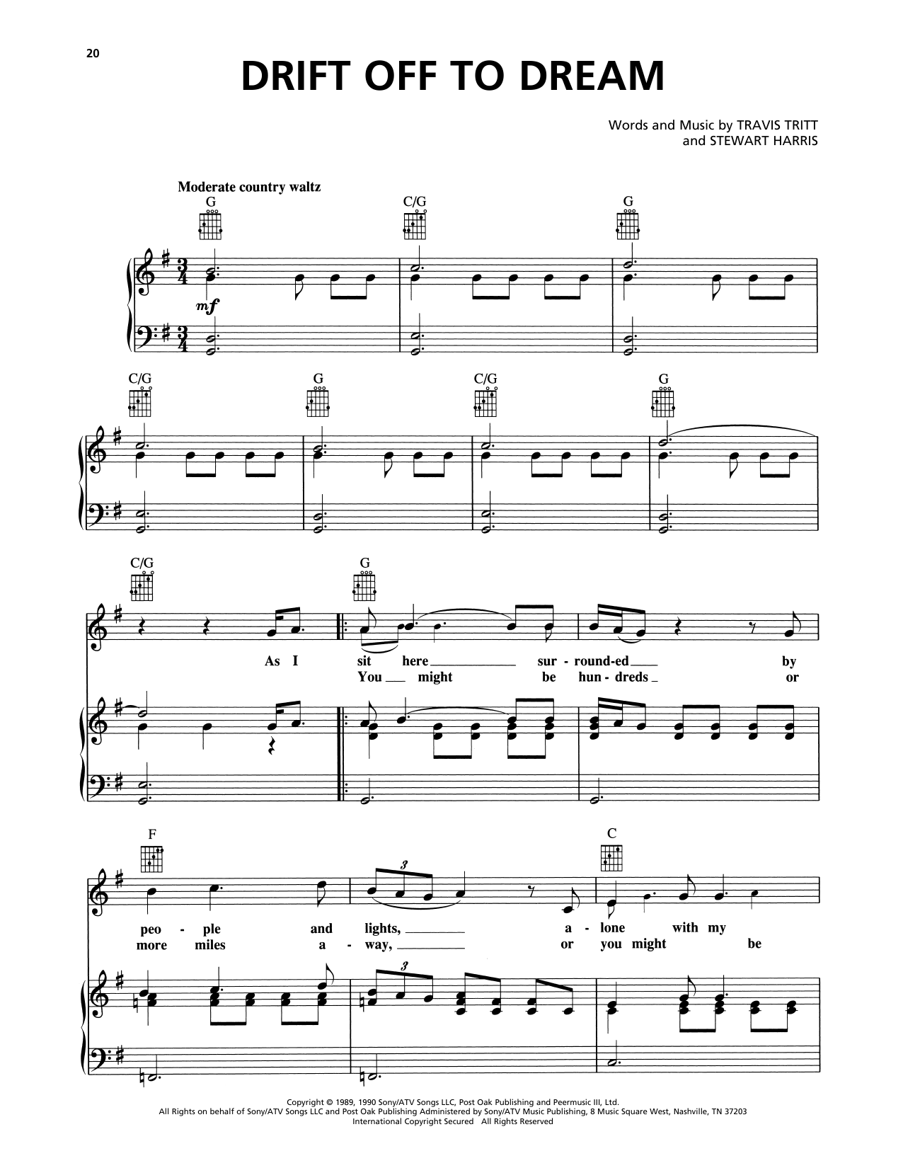 Download Travis Tritt Drift Off To Dream Sheet Music and learn how to play Piano, Vocal & Guitar Chords (Right-Hand Melody) PDF digital score in minutes