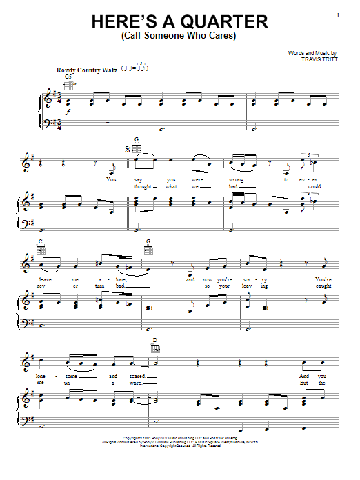 Download Travis Tritt Here's A Quarter (Call Someone Who Cares) Sheet Music and learn how to play Lyrics & Chords PDF digital score in minutes