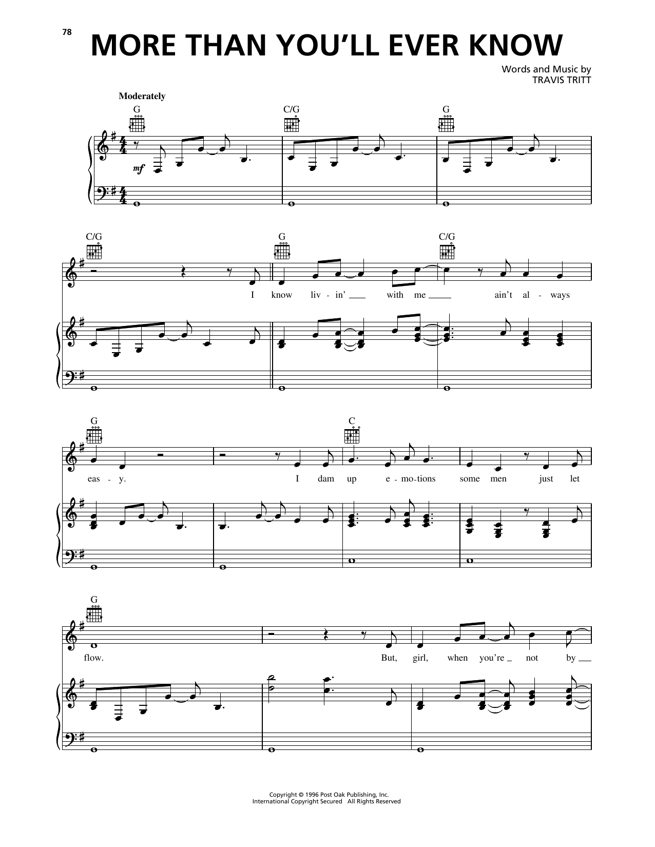 Download Travis Tritt More Than You'll Ever Know Sheet Music and learn how to play Piano, Vocal & Guitar Chords (Right-Hand Melody) PDF digital score in minutes