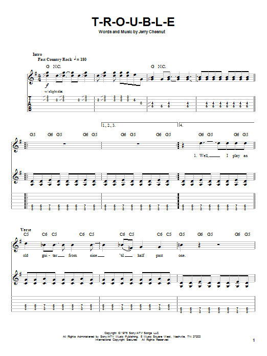 Download Travis Tritt T-R-O-U-B-L-E Sheet Music and learn how to play Bass Guitar Tab PDF digital score in minutes