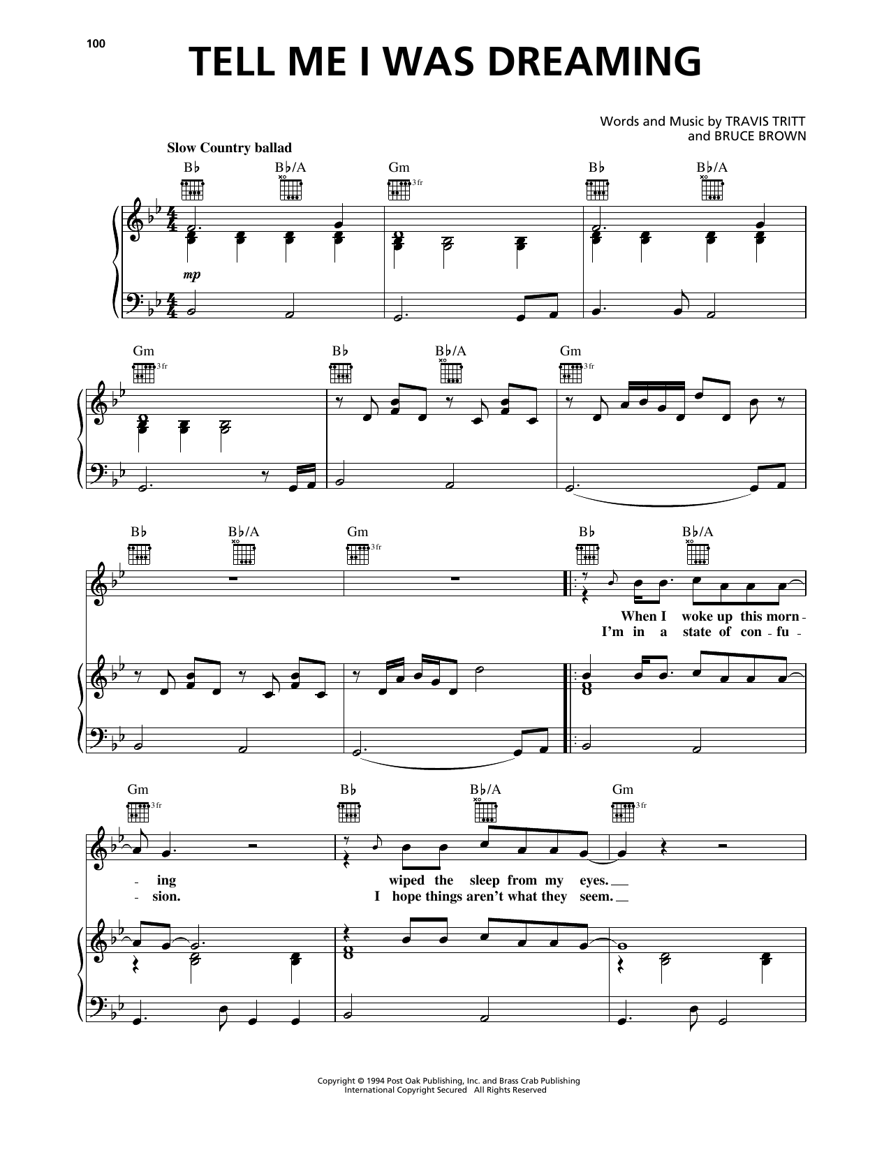 Download Travis Tritt Tell Me I Was Dreaming Sheet Music and learn how to play Piano, Vocal & Guitar Chords (Right-Hand Melody) PDF digital score in minutes