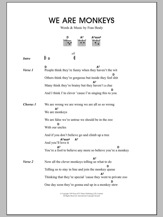 Download Travis We Are Monkeys Sheet Music and learn how to play Lyrics & Chords PDF digital score in minutes