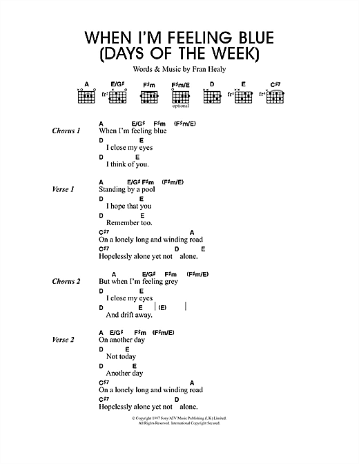 Download Travis When I'm Feeling Blue (Seven Days Of The Week) Sheet Music and learn how to play Lyrics & Chords PDF digital score in minutes