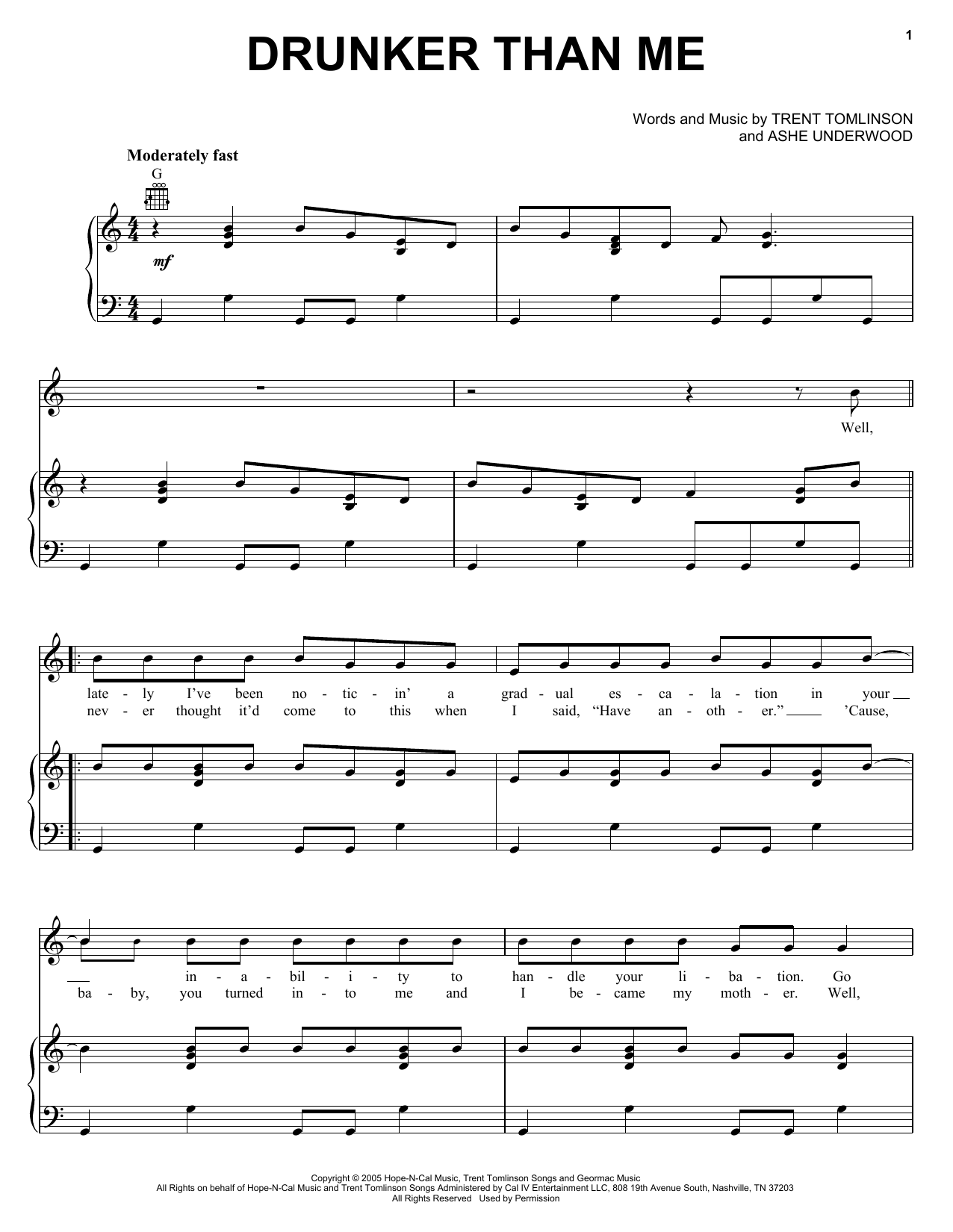 Download Trent Tomlinson Drunker Than Me Sheet Music and learn how to play Piano, Vocal & Guitar Chords (Right-Hand Melody) PDF digital score in minutes