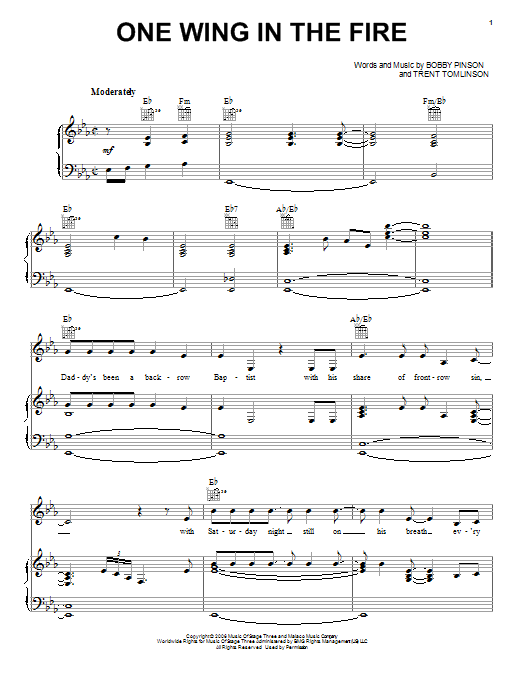 Download Trent Tomlinson One Wing In The Fire Sheet Music and learn how to play Piano, Vocal & Guitar (Right-Hand Melody) PDF digital score in minutes