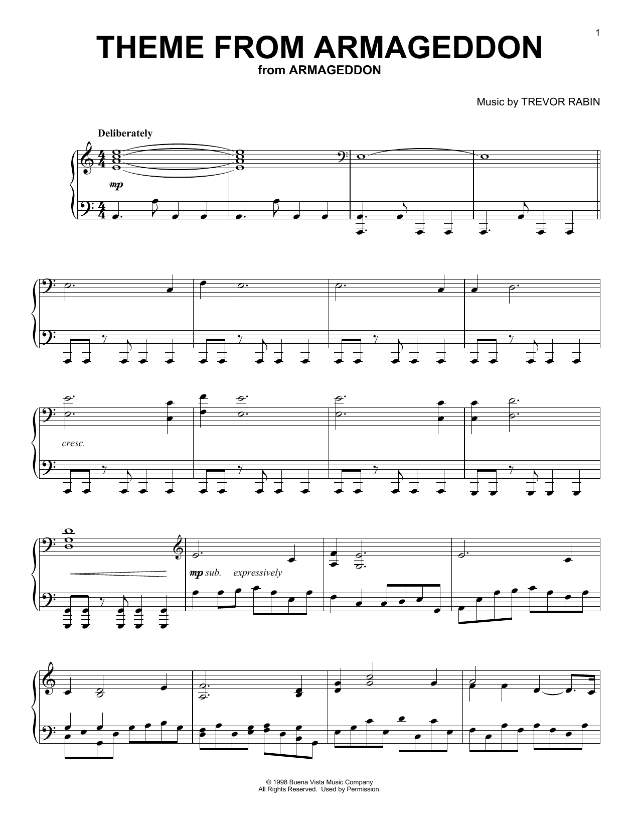 Download Trevor Rabin Theme From Armageddon Sheet Music and learn how to play Piano PDF digital score in minutes