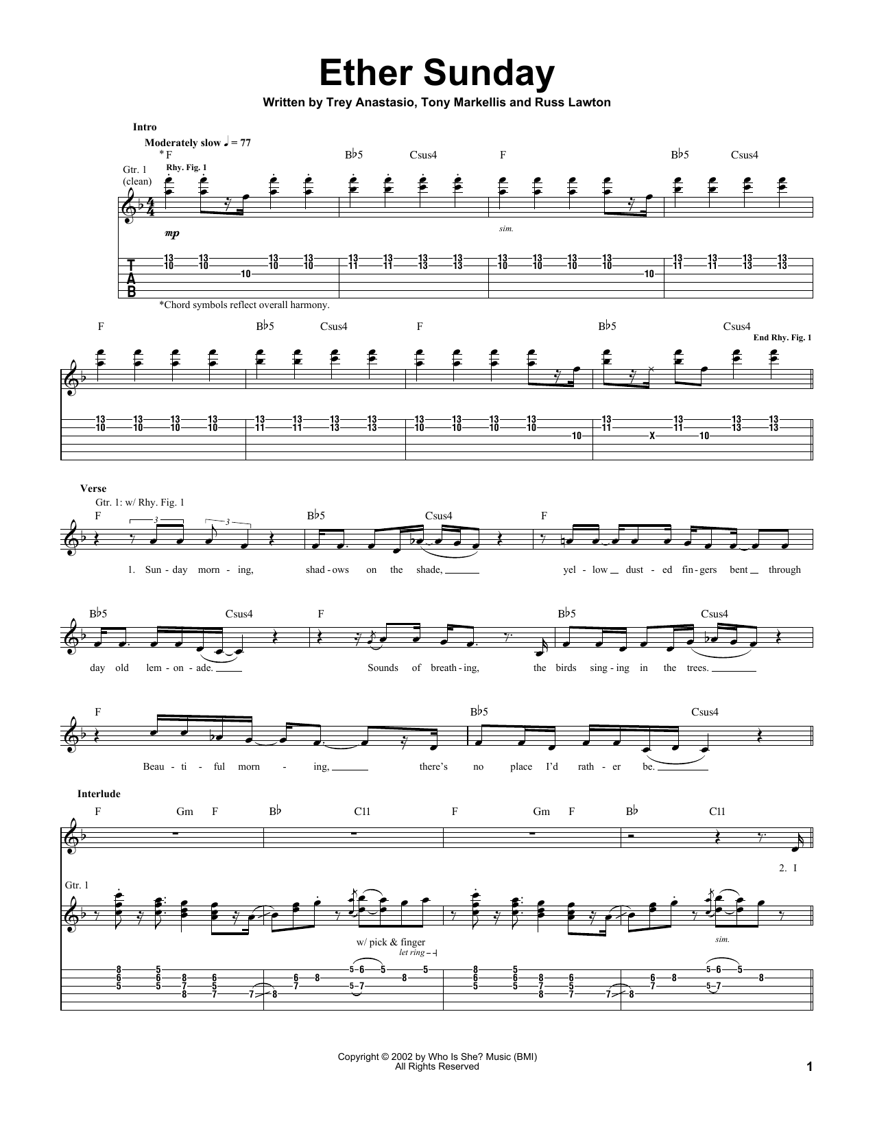 Download Trey Anastasio Ether Sunday Sheet Music and learn how to play Guitar Tab PDF digital score in minutes