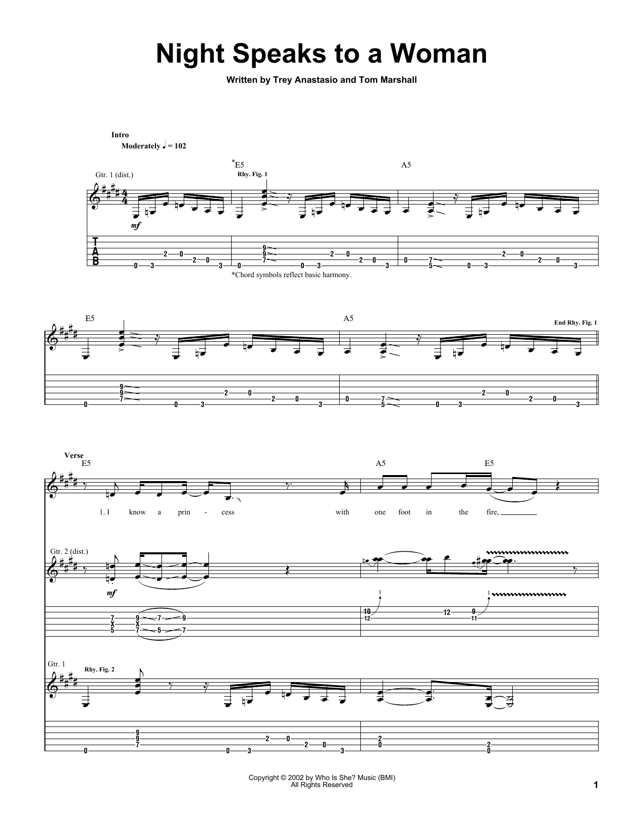 Download Trey Anastasio Night Speaks To A Woman Sheet Music and learn how to play Guitar Tab PDF digital score in minutes