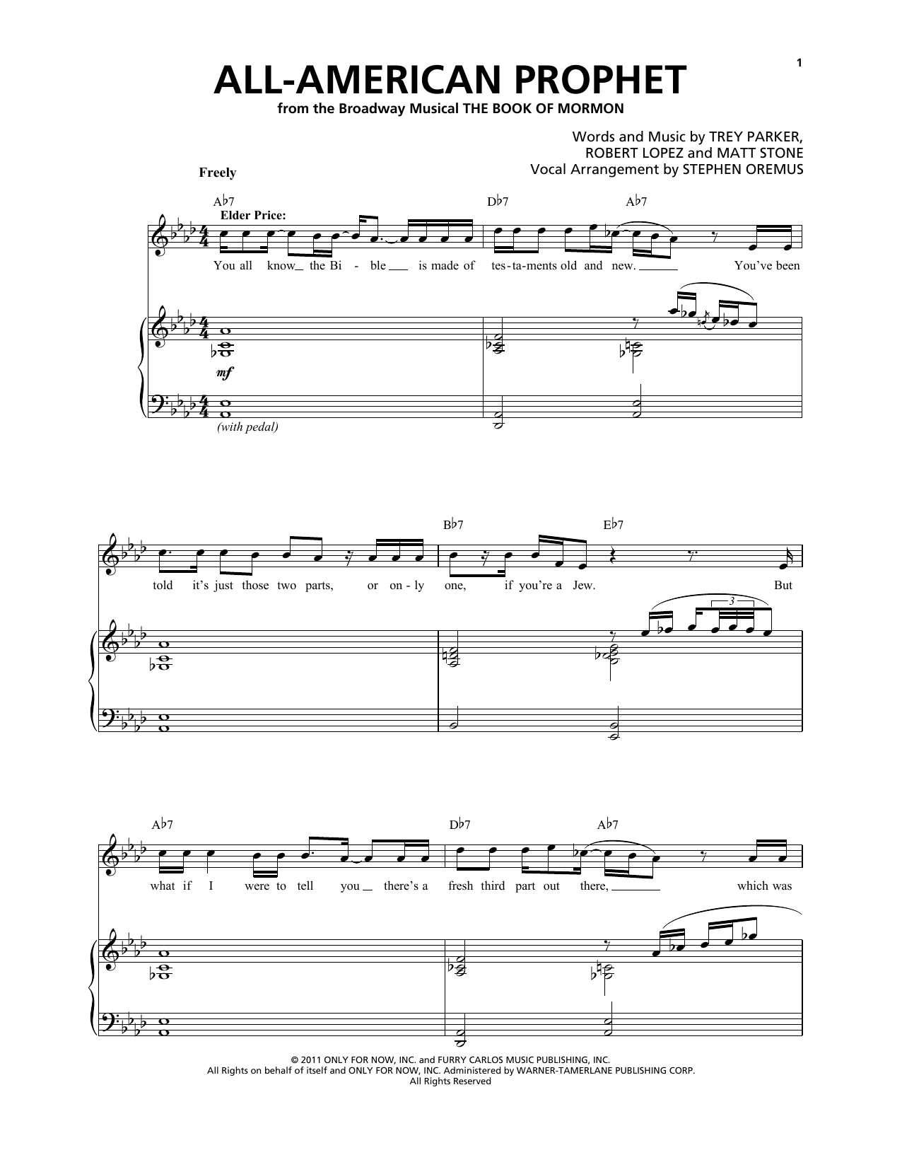 Download Trey Parker & Matt Stone All-American Prophet Sheet Music and learn how to play Piano & Vocal PDF digital score in minutes
