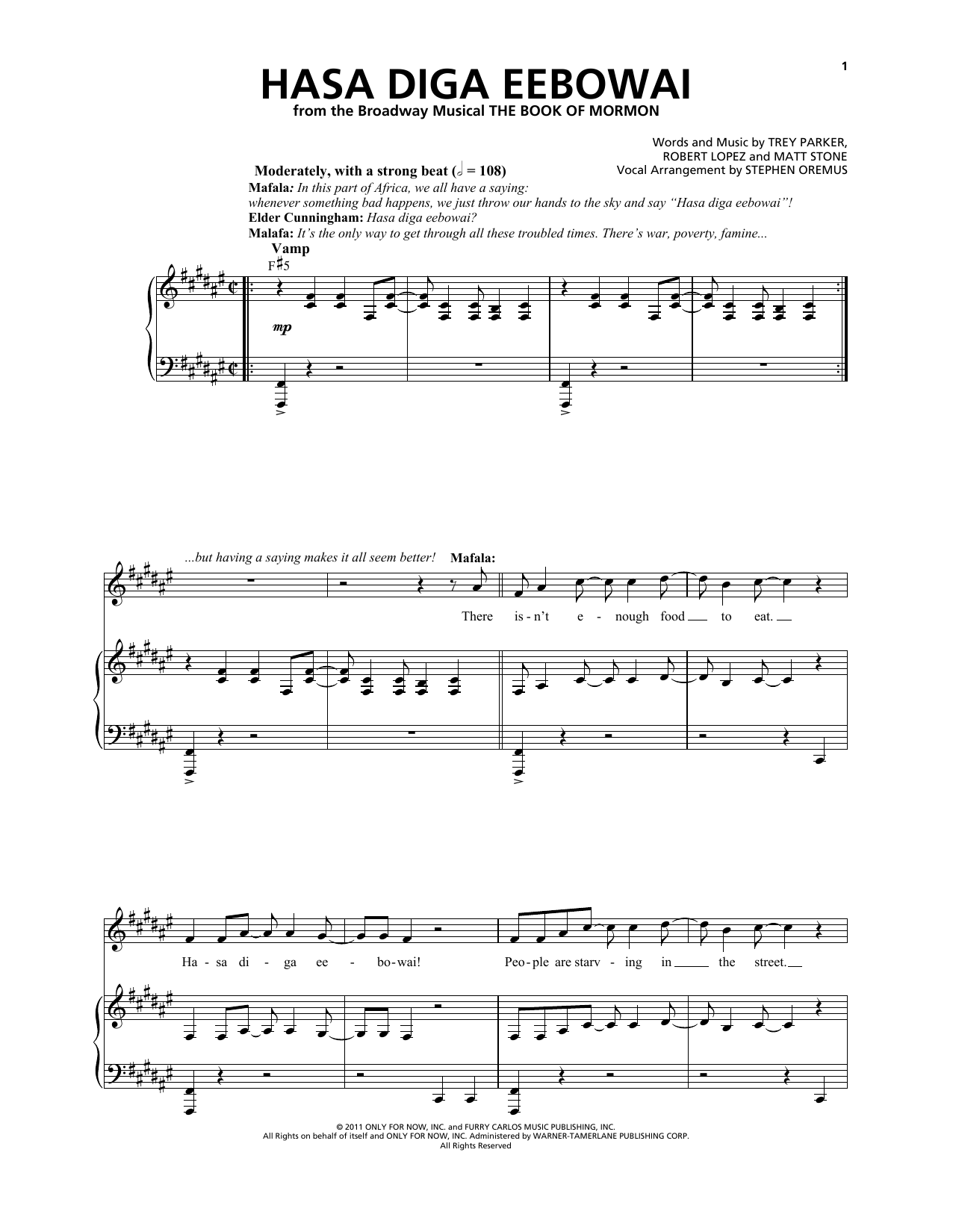 Download Trey Parker & Matt Stone Hasa Diga Eebowai Sheet Music and learn how to play Piano & Vocal PDF digital score in minutes