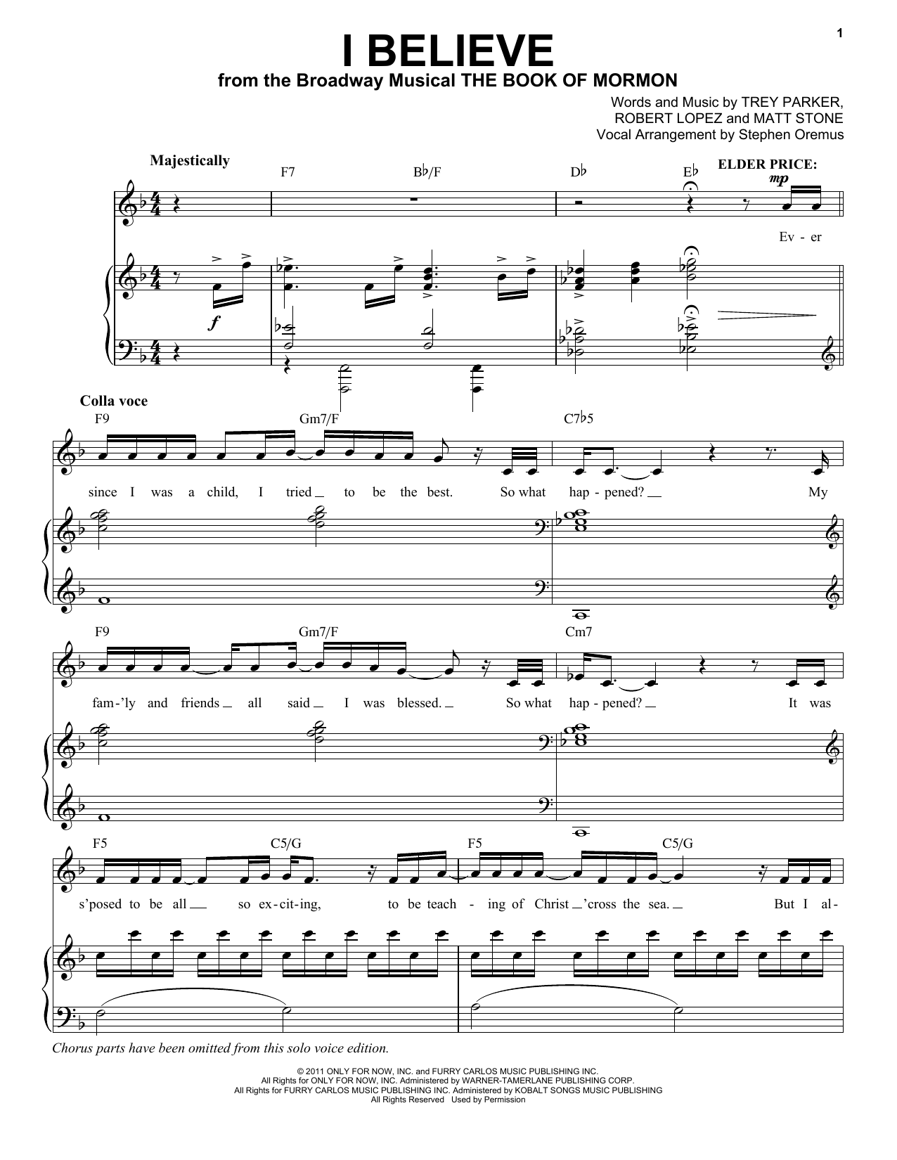 Download Trey Parker & Matt Stone I Believe Sheet Music and learn how to play Piano & Vocal PDF digital score in minutes
