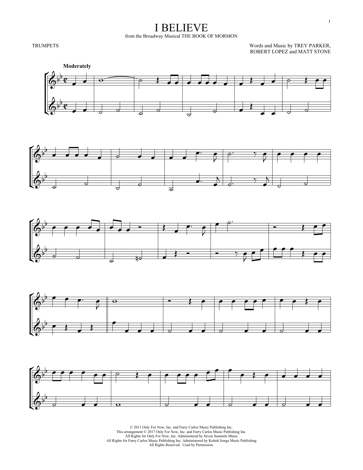 Download Trey Parker, Matt Stone & Robert Lopez I Believe Sheet Music and learn how to play Cello Duet PDF digital score in minutes
