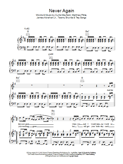 Download Trey Songz Never Again Sheet Music and learn how to play Piano, Vocal & Guitar (Right-Hand Melody) PDF digital score in minutes