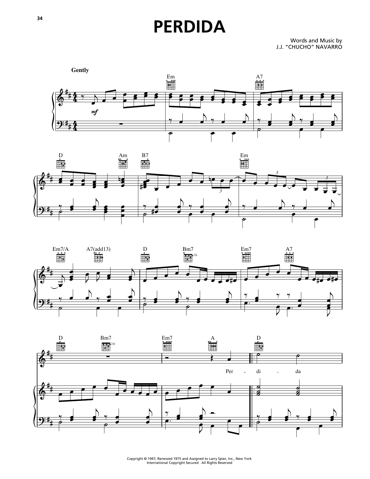Download Trio Los Panchos Perdida Sheet Music and learn how to play Piano, Vocal & Guitar Chords (Right-Hand Melody) PDF digital score in minutes
