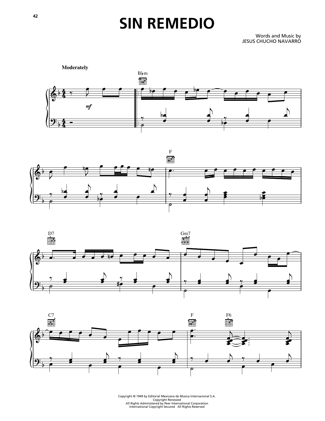 Download Trio Los Panchos Sin Remedio Sheet Music and learn how to play Piano, Vocal & Guitar Chords (Right-Hand Melody) PDF digital score in minutes