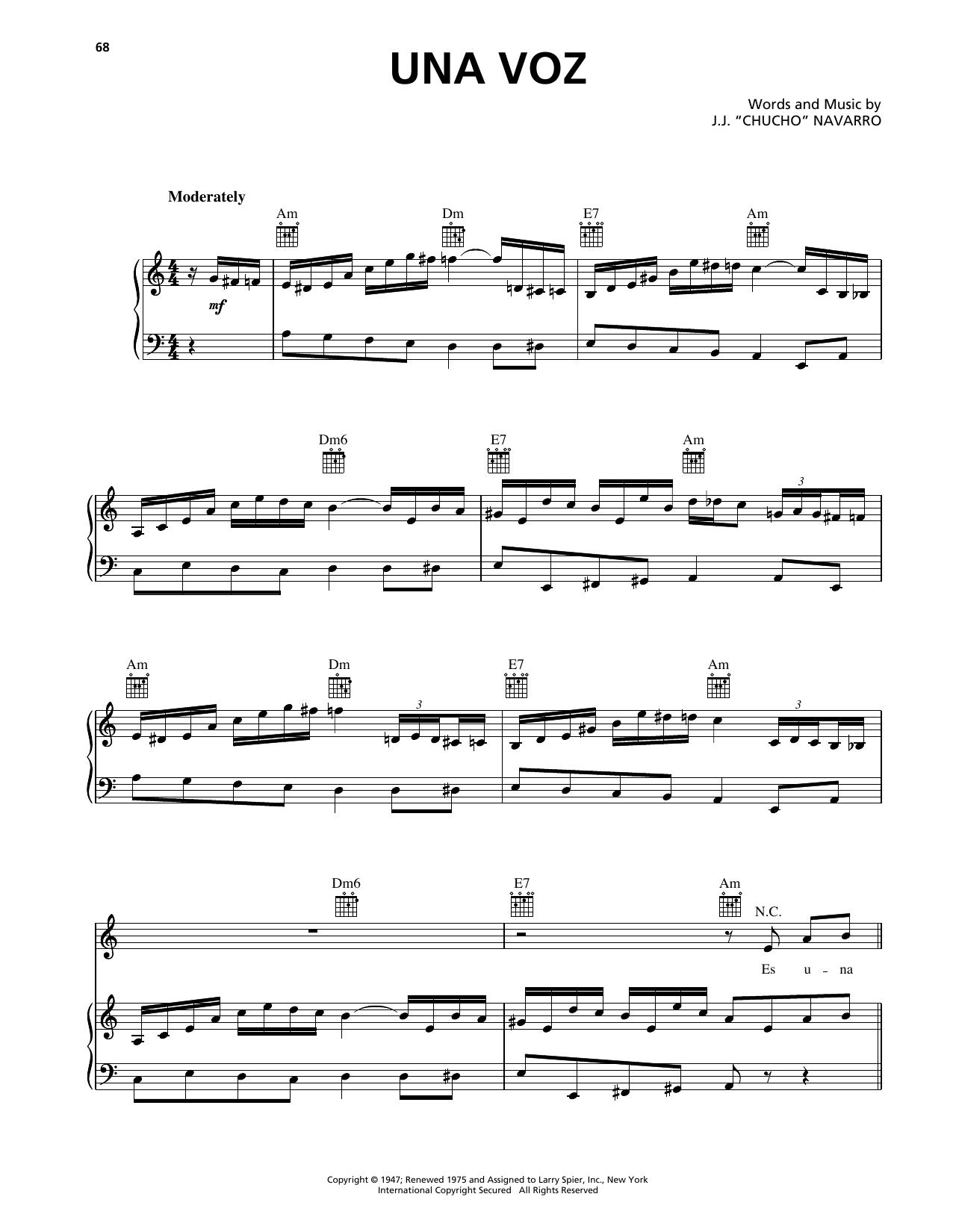 Download Trio Los Panchos Una Voz Sheet Music and learn how to play Piano, Vocal & Guitar Chords (Right-Hand Melody) PDF digital score in minutes