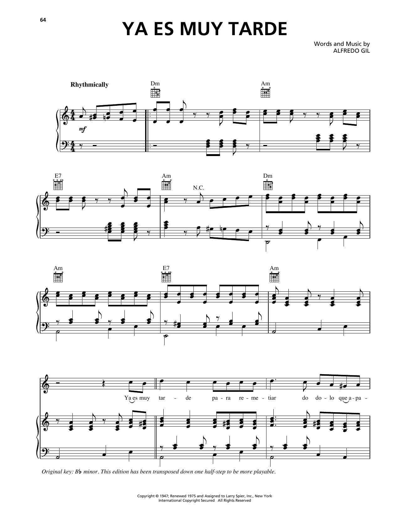 Download Trio Los Panchos Ya Es Muy Tarde Sheet Music and learn how to play Piano, Vocal & Guitar Chords (Right-Hand Melody) PDF digital score in minutes