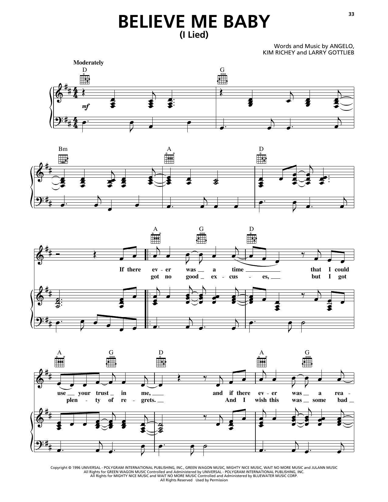 Download Trisha Yearwood Believe Me Baby (I Lied) Sheet Music and learn how to play Piano, Vocal & Guitar Chords (Right-Hand Melody) PDF digital score in minutes