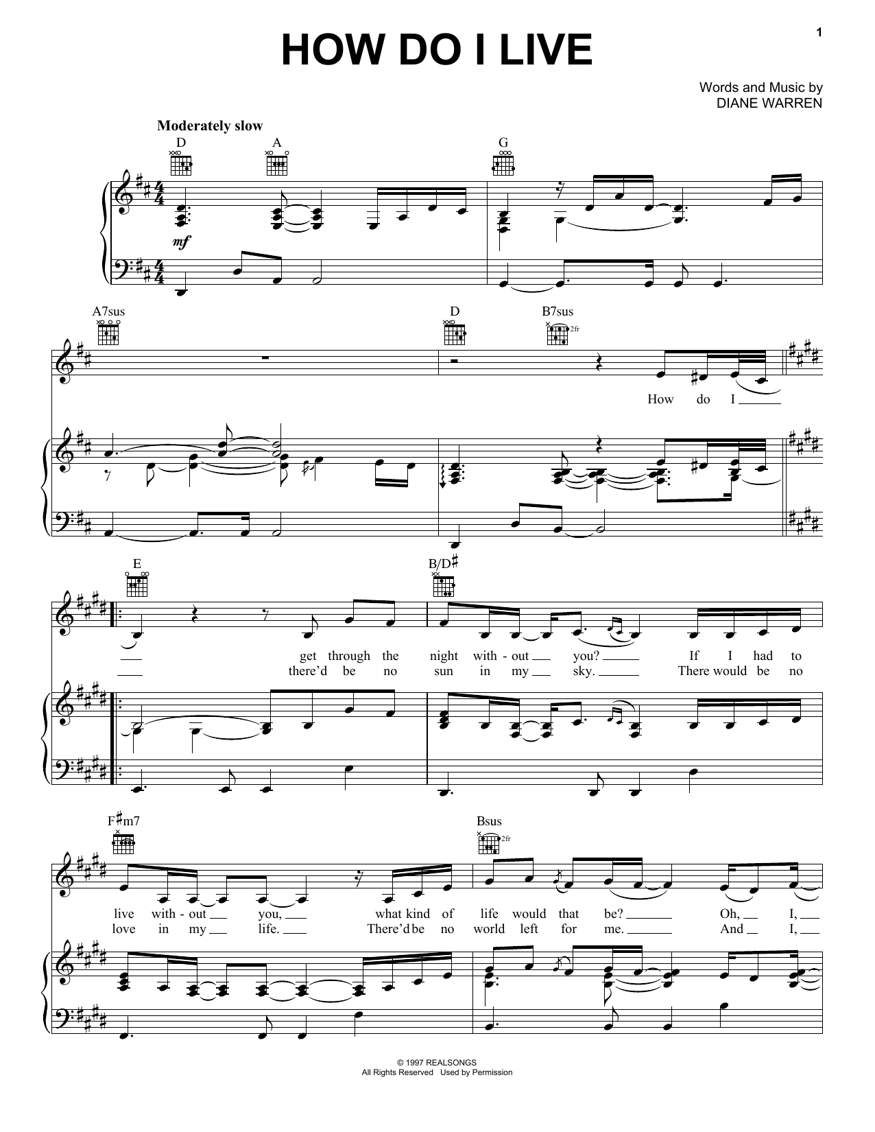 Download Trisha Yearwood How Do I Live Sheet Music and learn how to play Piano, Vocal & Guitar (Right-Hand Melody) PDF digital score in minutes