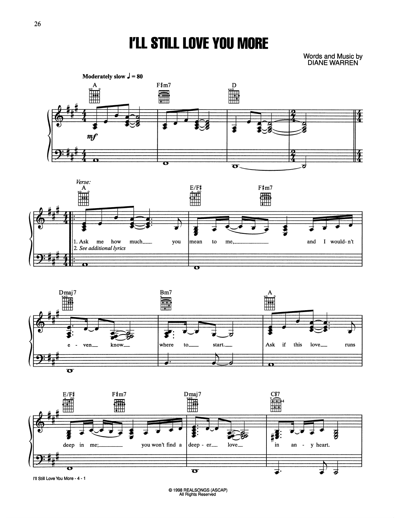 Download Trisha Yearwood I'll Still Love You More Sheet Music and learn how to play Piano, Vocal & Guitar Chords (Right-Hand Melody) PDF digital score in minutes