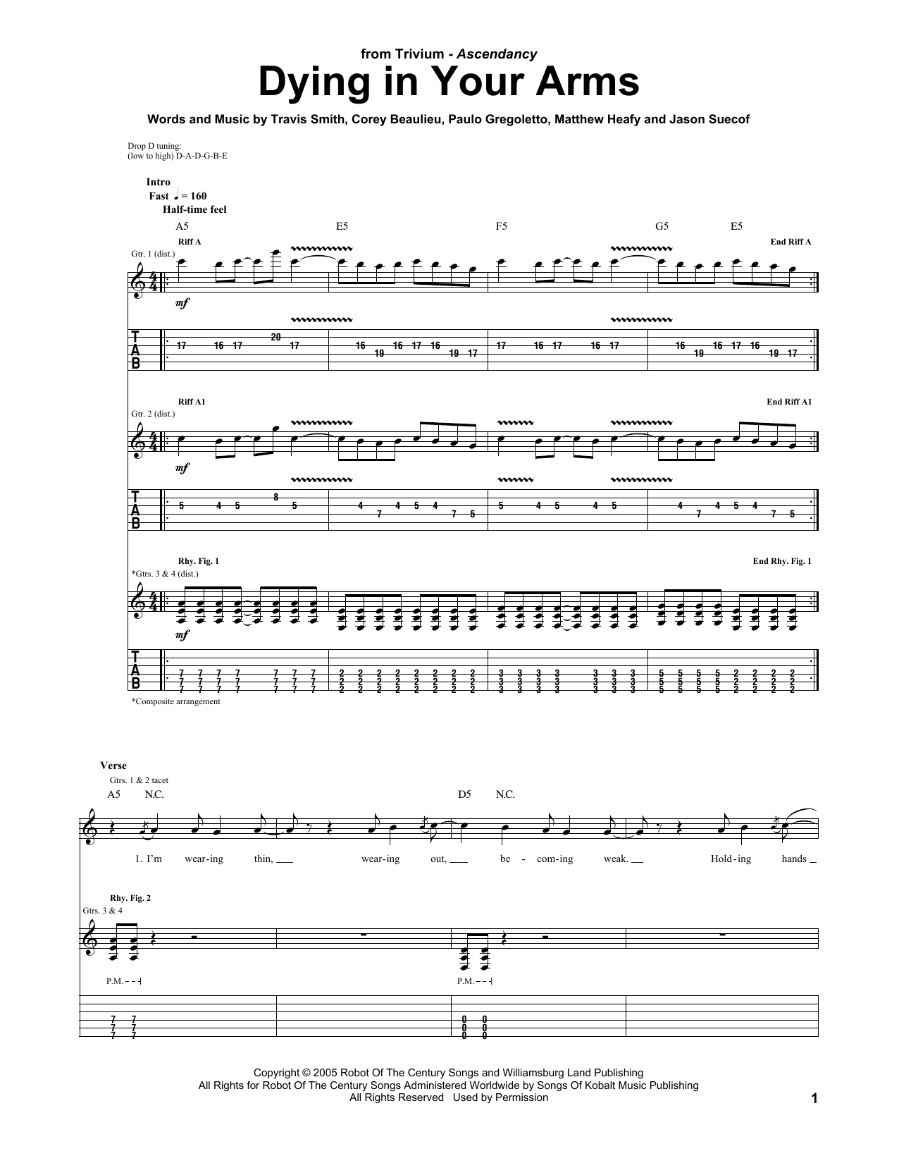 Download Trivium Dying In Your Arms Sheet Music and learn how to play Guitar Tab PDF digital score in minutes