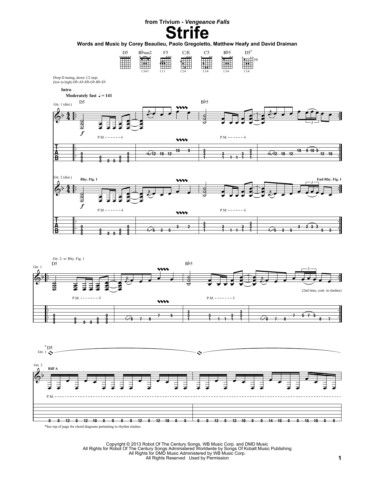 Download Trivium Strife Sheet Music and learn how to play Guitar Tab PDF digital score in minutes