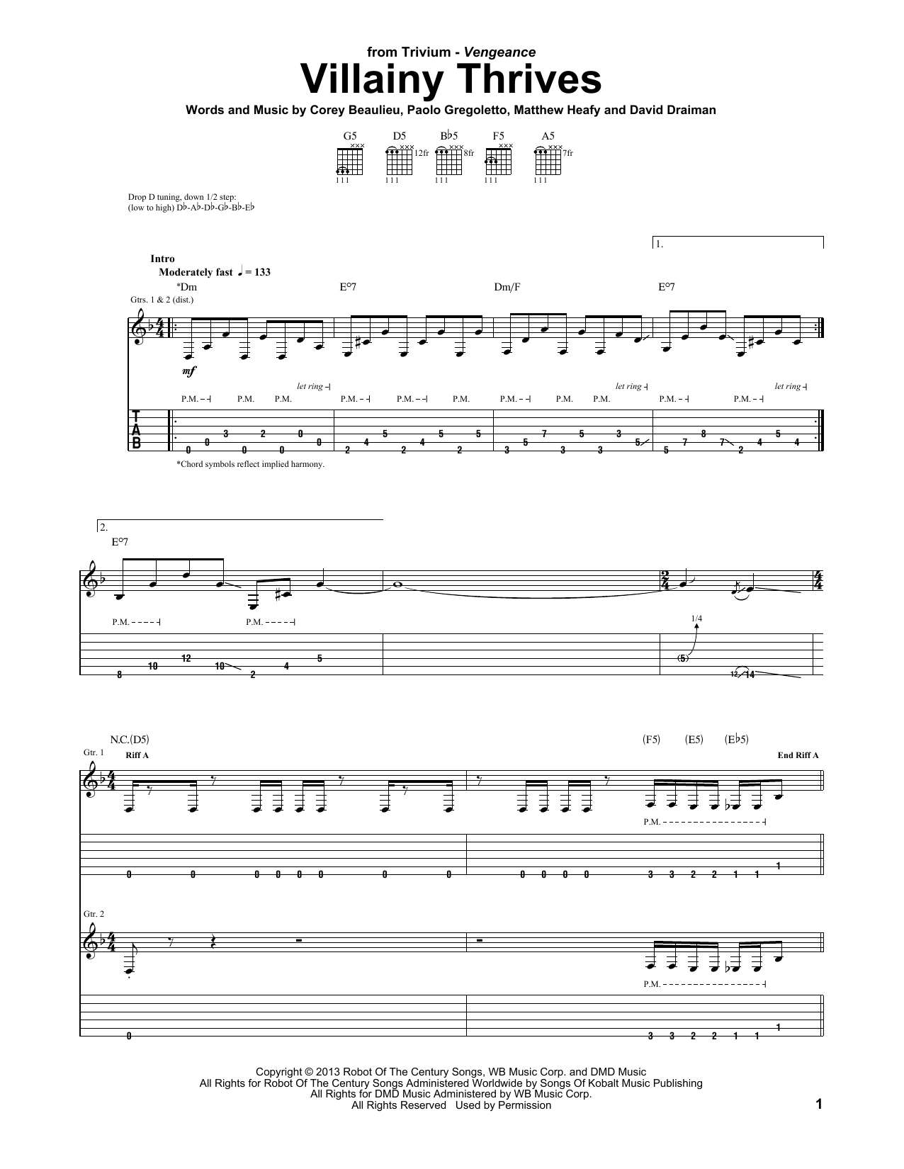 Download Trivium Villainy Thrives Sheet Music and learn how to play Guitar Tab PDF digital score in minutes