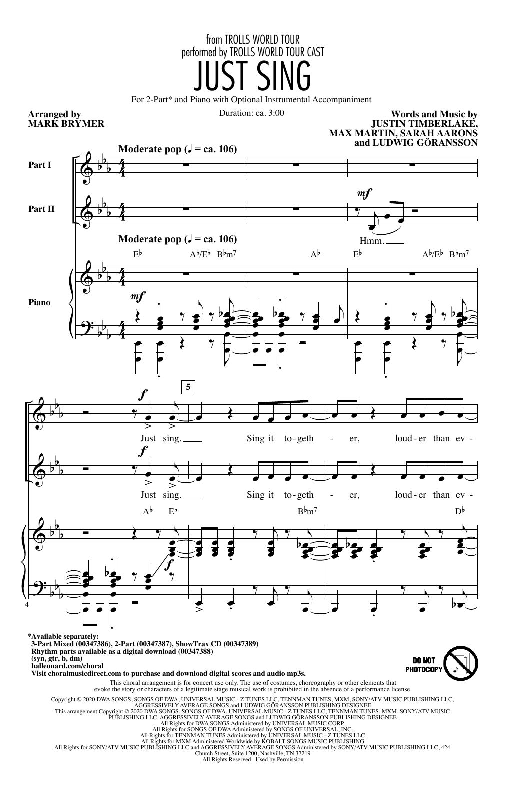 Download Trolls World Tour Cast Just Sing (from Trolls World Tour) (arr. Mark Brymer) Sheet Music and learn how to play 3-Part Mixed Choir PDF digital score in minutes