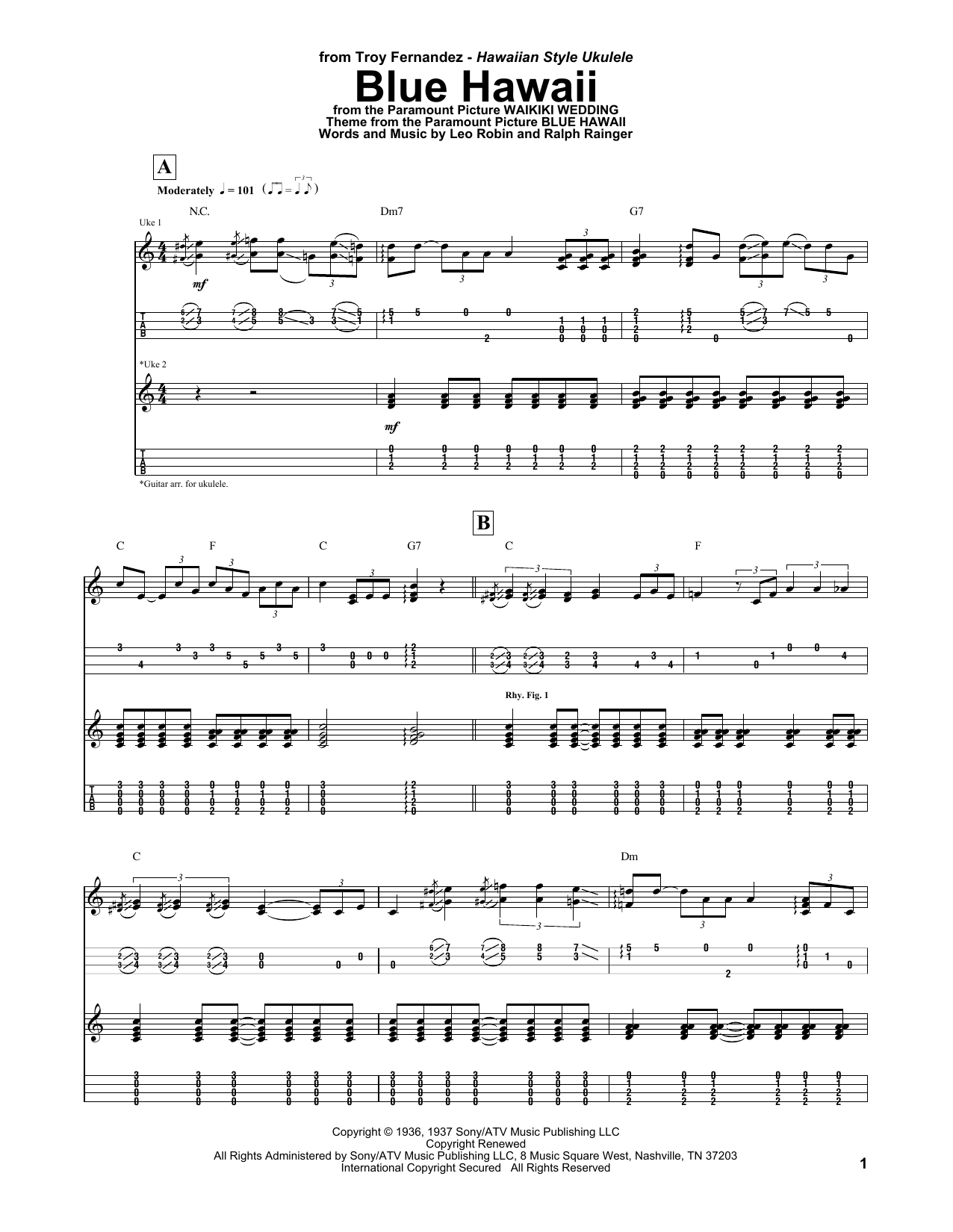 Download Troy Fernandez Blue Hawaii Sheet Music and learn how to play UKETAB PDF digital score in minutes