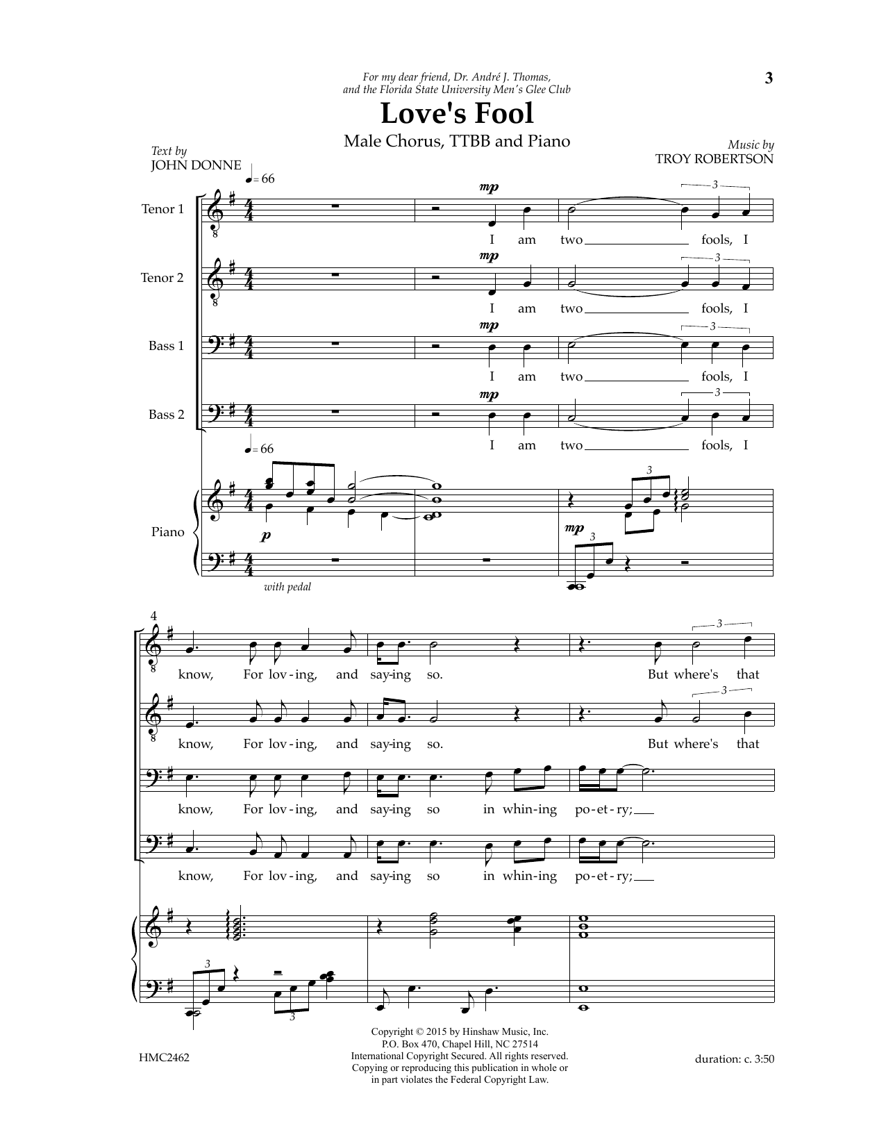 Download Troy Robertson Love's Fool Sheet Music and learn how to play TTBB Choir PDF digital score in minutes