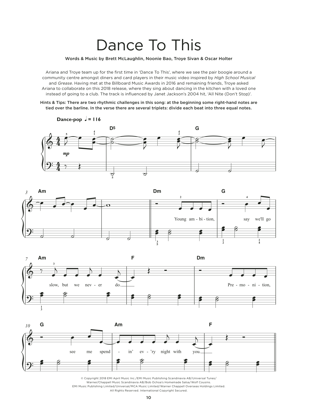 Download Troye Sivan Dance To This (feat. Ariana Grande) Sheet Music and learn how to play Really Easy Piano PDF digital score in minutes