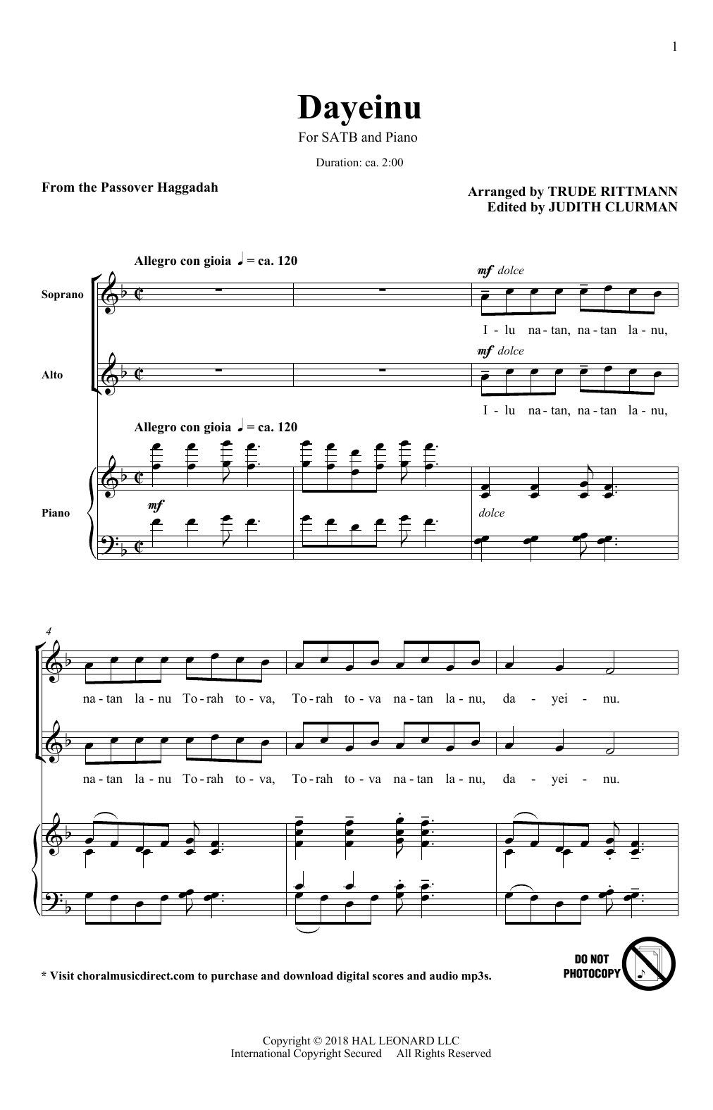 Download Trude Rittmann Dayeinu Sheet Music and learn how to play SATB Choir PDF digital score in minutes