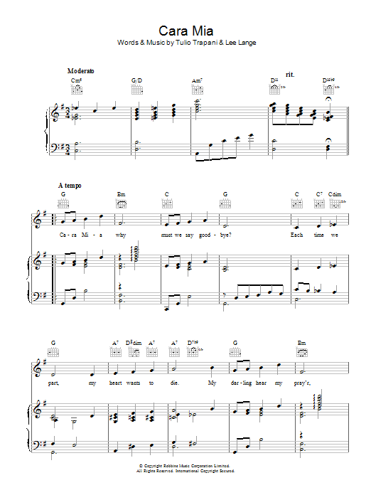 Download Tulio Trapani Cara Mia Sheet Music and learn how to play Piano, Vocal & Guitar (Right-Hand Melody) PDF digital score in minutes
