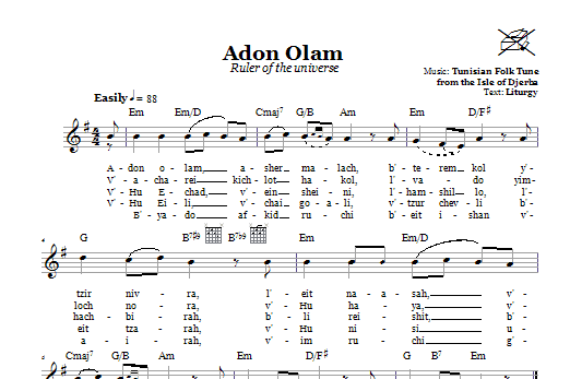 Download Tunisian Folk Tune Adon Olam (Ruler Of The Universe) Sheet Music and learn how to play Melody Line, Lyrics & Chords PDF digital score in minutes
