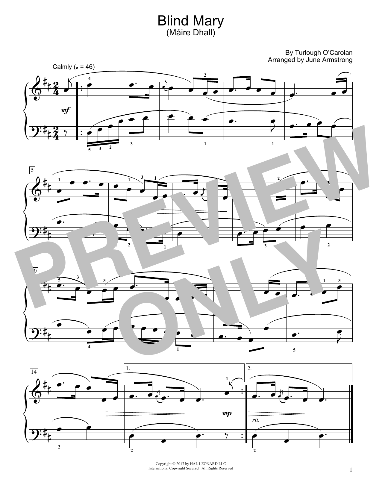 Download Turlough O'Carolan Blind Mary (Máire Dhall) (arr. June Armstrong) Sheet Music and learn how to play Educational Piano PDF digital score in minutes