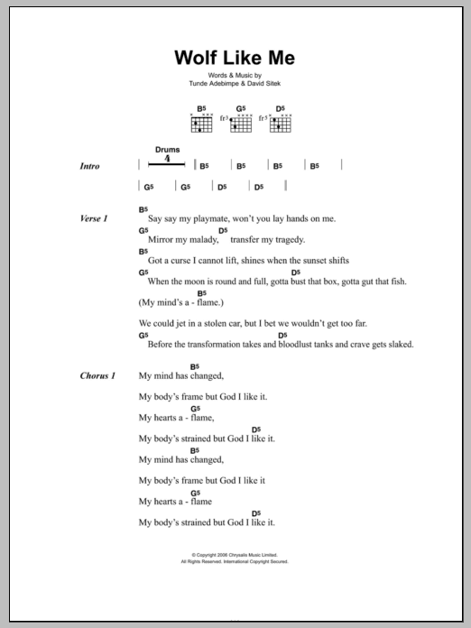 Download TV On The Radio Wolf Like Me Sheet Music and learn how to play Lyrics & Chords PDF digital score in minutes