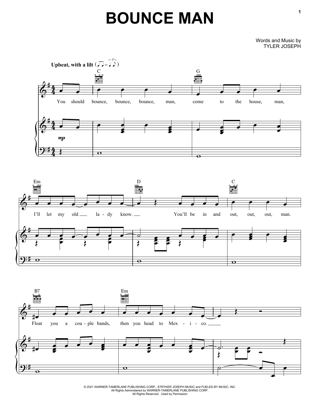 Download Twenty One Pilots Bounce Man Sheet Music and learn how to play Piano, Vocal & Guitar Chords (Right-Hand Melody) PDF digital score in minutes