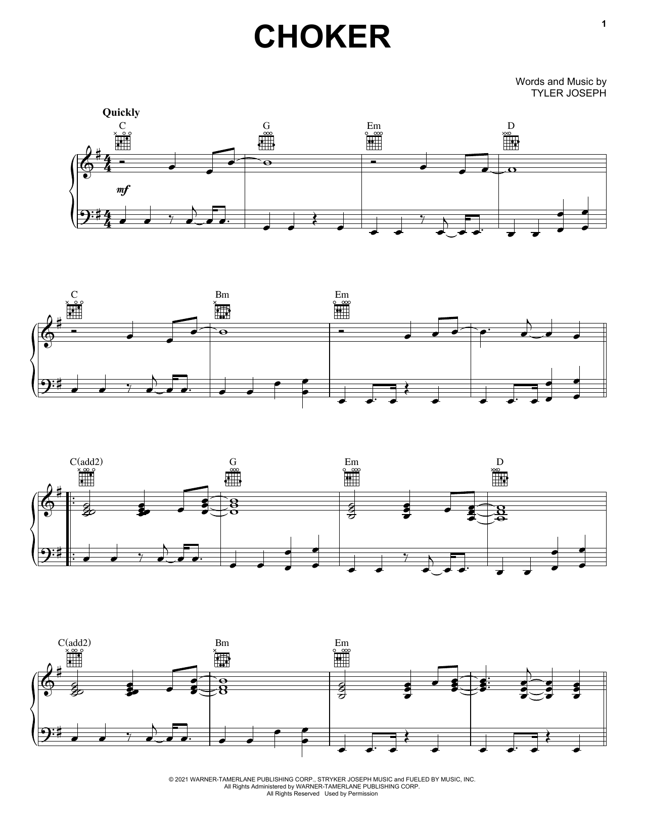 Download Twenty One Pilots Choker Sheet Music and learn how to play Piano, Vocal & Guitar Chords (Right-Hand Melody) PDF digital score in minutes