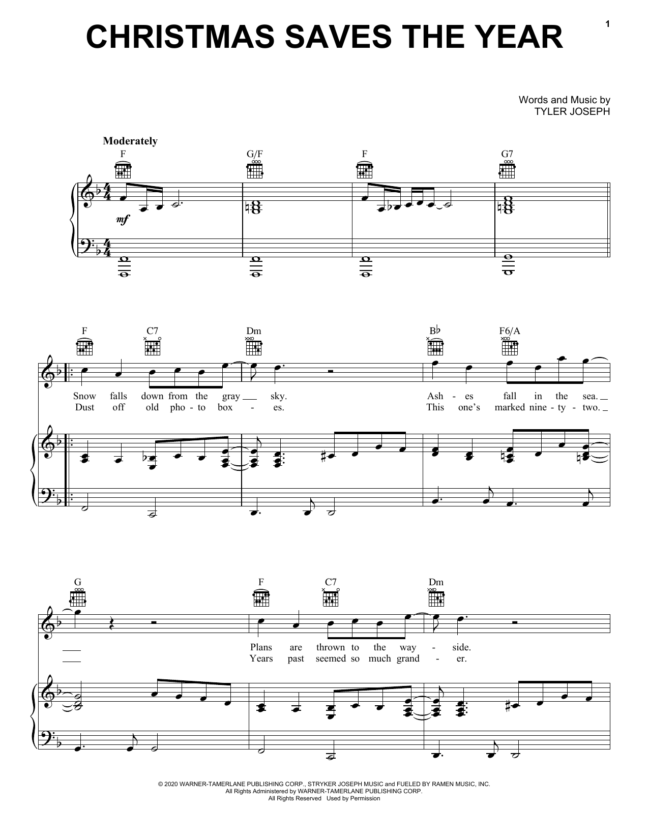 Download Twenty One Pilots Christmas Saves The Year Sheet Music and learn how to play Piano, Vocal & Guitar Chords (Right-Hand Melody) PDF digital score in minutes