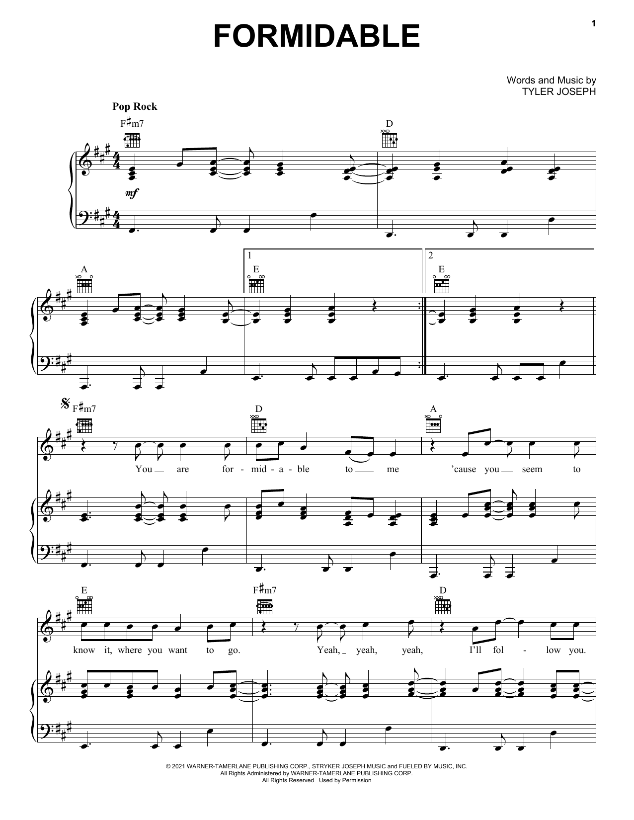 Download Twenty One Pilots Formidable Sheet Music and learn how to play Piano, Vocal & Guitar Chords (Right-Hand Melody) PDF digital score in minutes