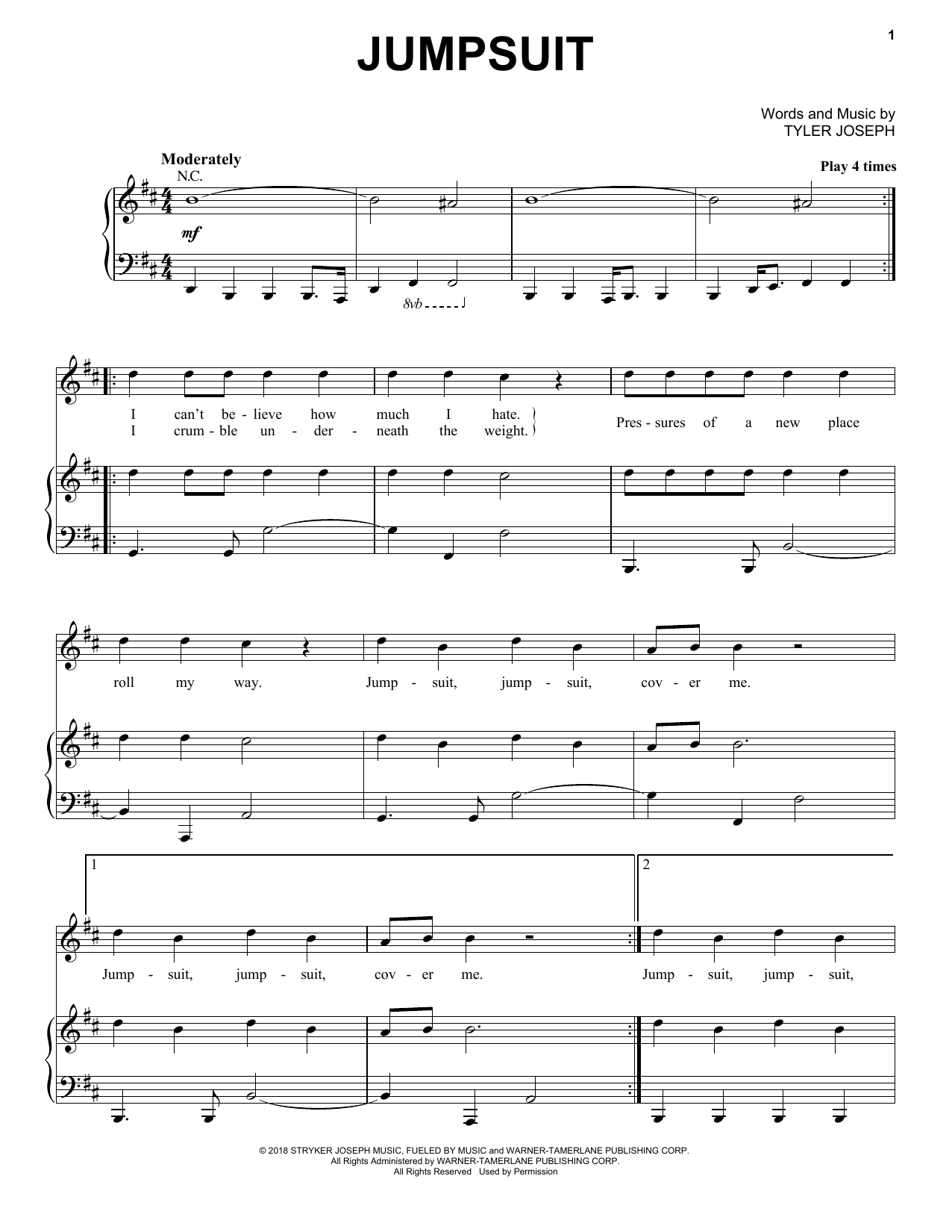 Download Twenty One Pilots Jumpsuit Sheet Music and learn how to play Piano & Vocal PDF digital score in minutes