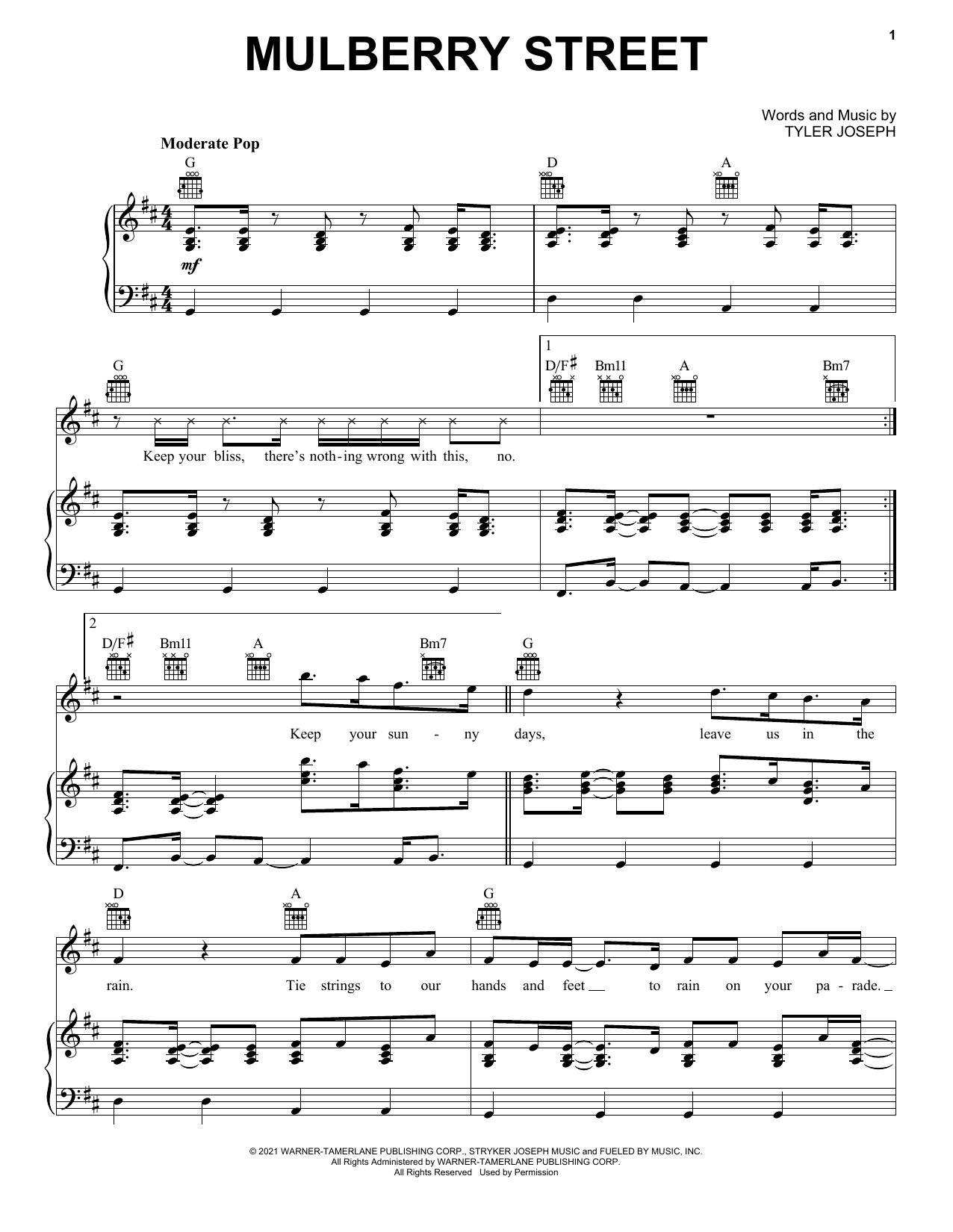 Download Twenty One Pilots Mulberry Street Sheet Music and learn how to play Piano, Vocal & Guitar Chords (Right-Hand Melody) PDF digital score in minutes