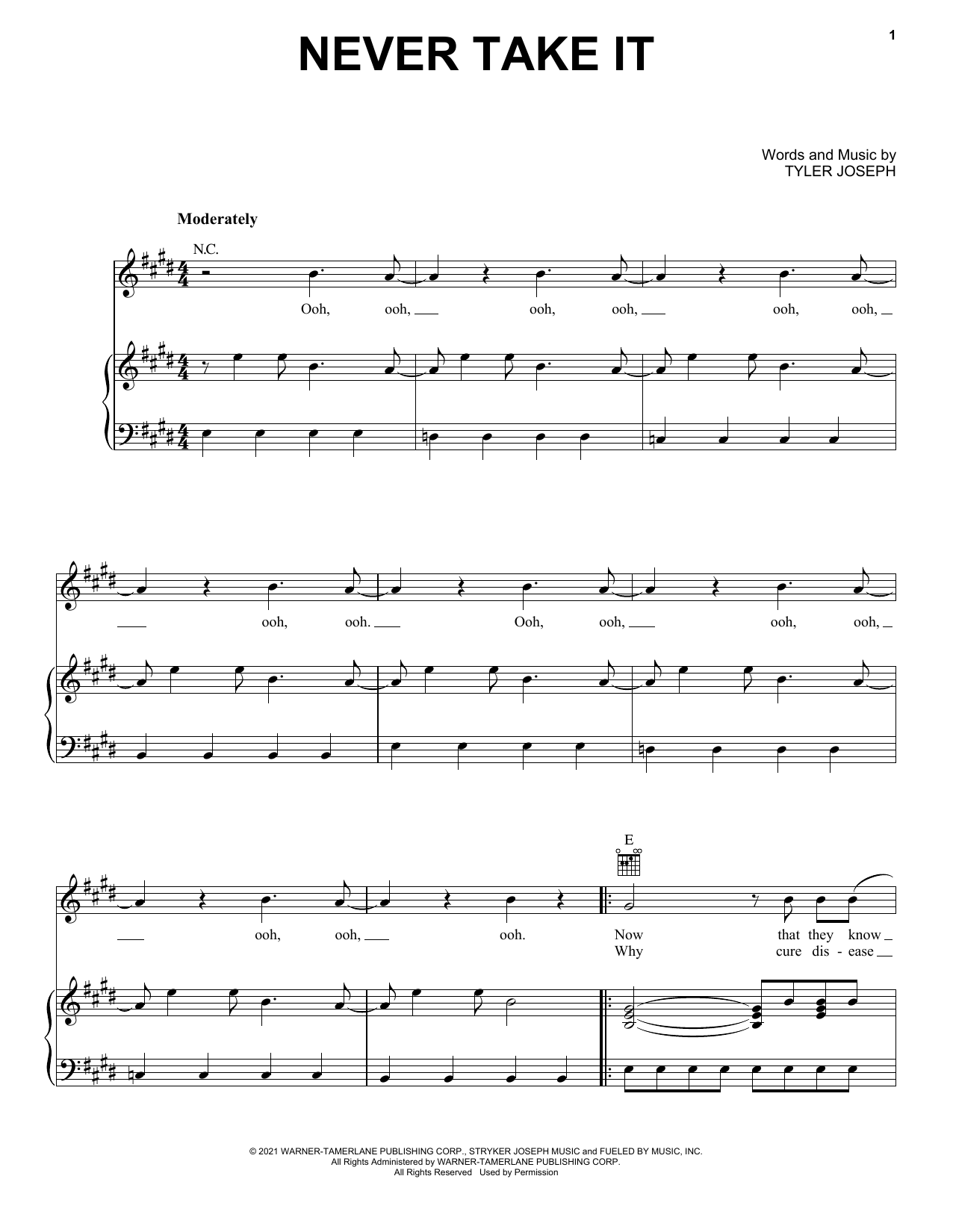 Download Twenty One Pilots Never Take It Sheet Music and learn how to play Piano, Vocal & Guitar Chords (Right-Hand Melody) PDF digital score in minutes