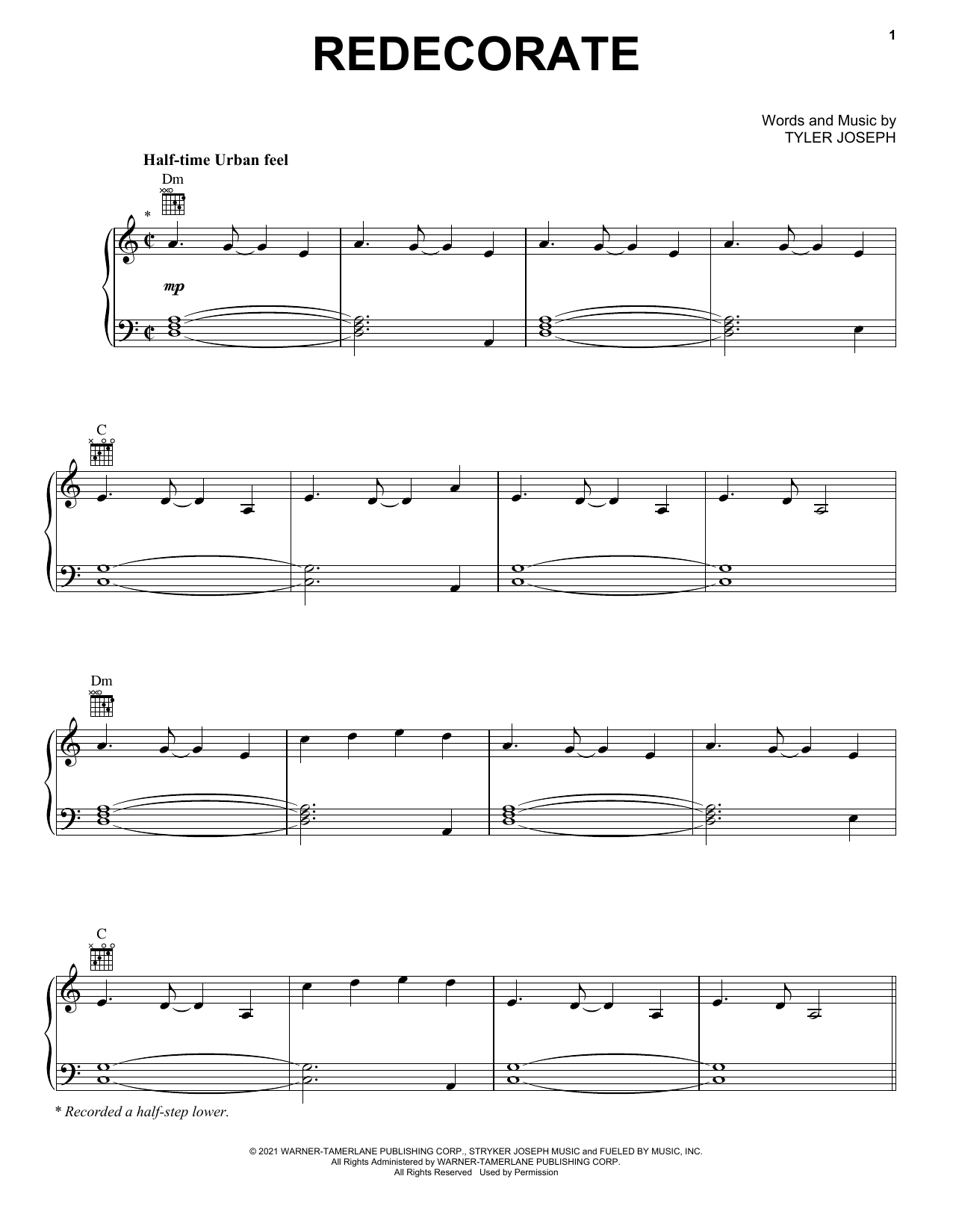 Download Twenty One Pilots Redecorate Sheet Music and learn how to play Piano, Vocal & Guitar Chords (Right-Hand Melody) PDF digital score in minutes