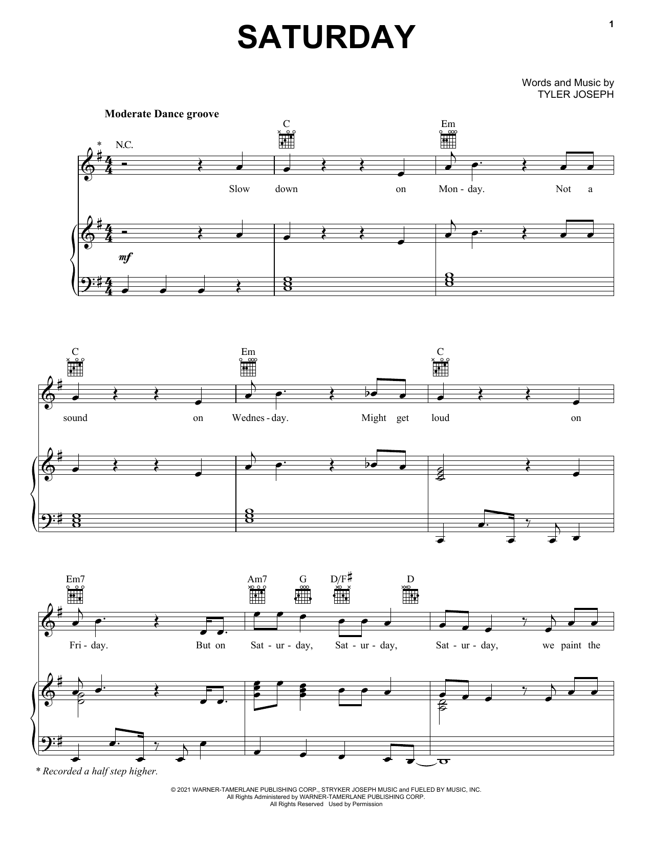 Download Twenty One Pilots Saturday Sheet Music and learn how to play Piano, Vocal & Guitar Chords (Right-Hand Melody) PDF digital score in minutes